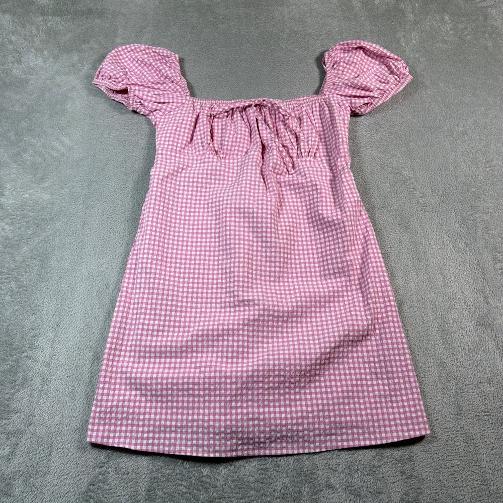 Zara Mini Dress Women Large Pink Gingham Check Puff Sleeve‎ Smocked Babydoll